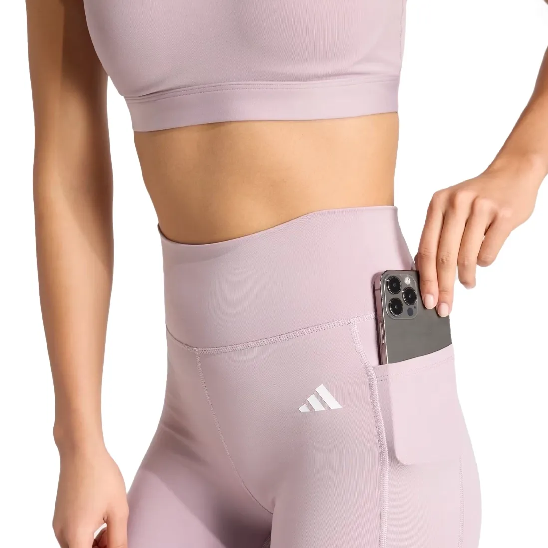 Calça legging Adidas Optimé Essentials Rosa vista lateral e traseira com bolso